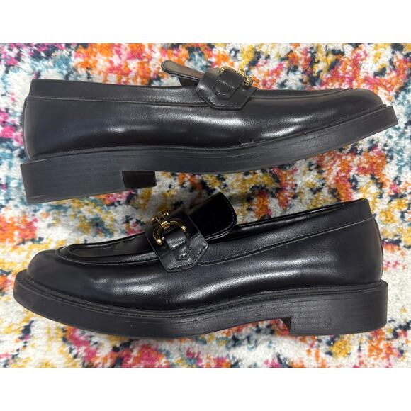 ZARA Black Leather Block Heel Loafer Metal Buckle Detail Size 38 / 7.5 - Picture 3 of 8